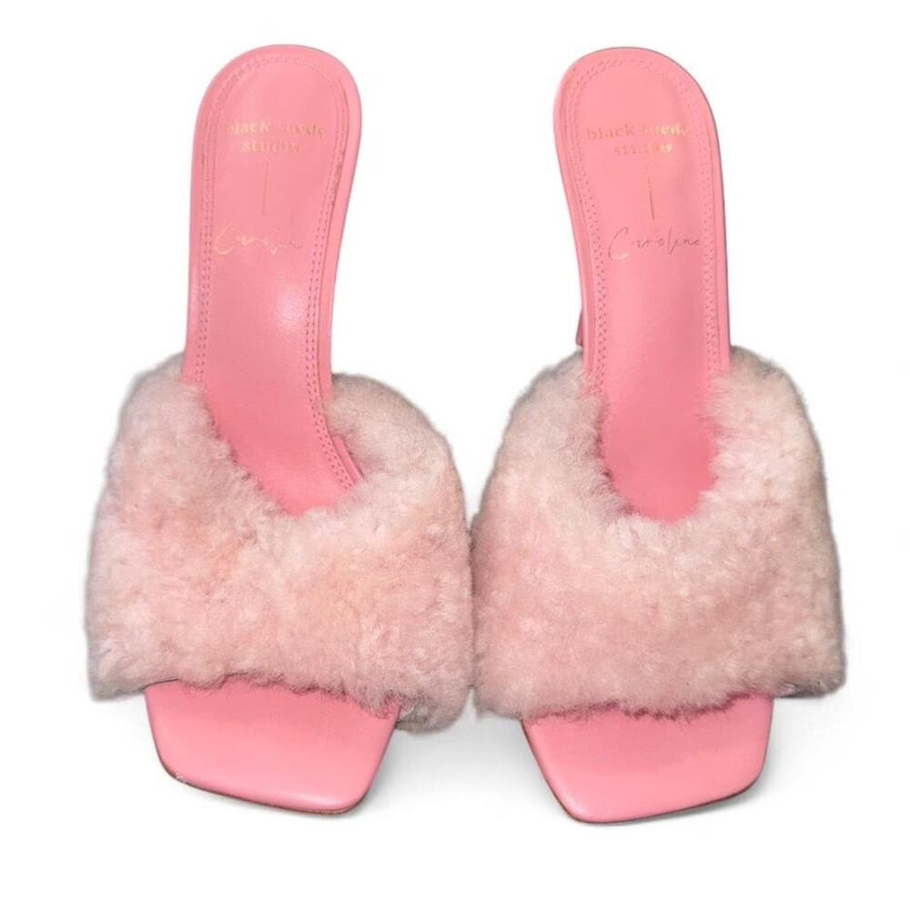 Black Suede x Caroline Stanbury Heel Mule Pink Faux Fur Fluffy 4” Heels Sz 6.5